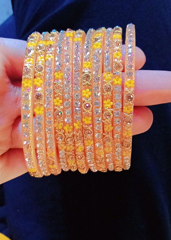 Glass Yellow Bangles 10 Peices