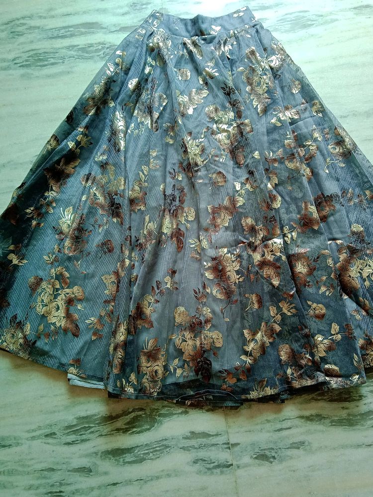 Turquoise Blue Organza Floral Printed Lehenga Chol