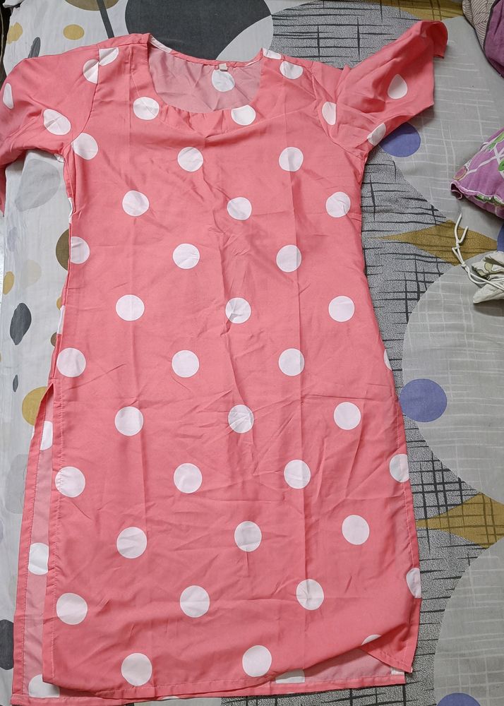 Get Free Delivery On This Polka Print Pink Kurti. No Damage.