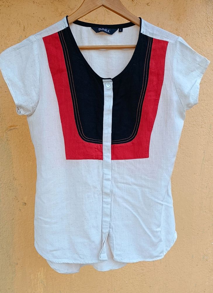 Khadi Look Beige Top w/ Black + Red Bib Collar