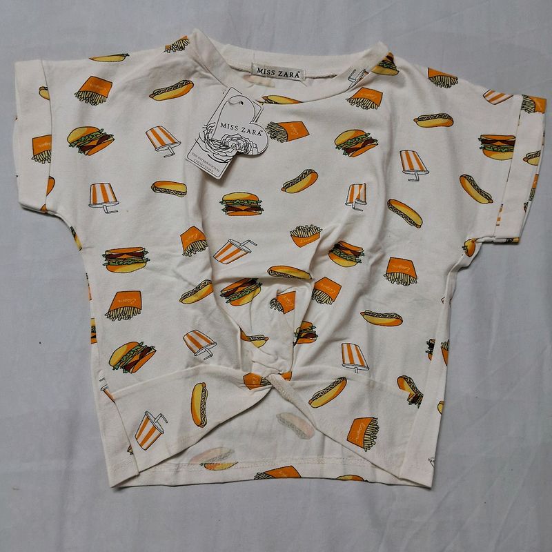 Crop Top with Burger and Fries Pattern