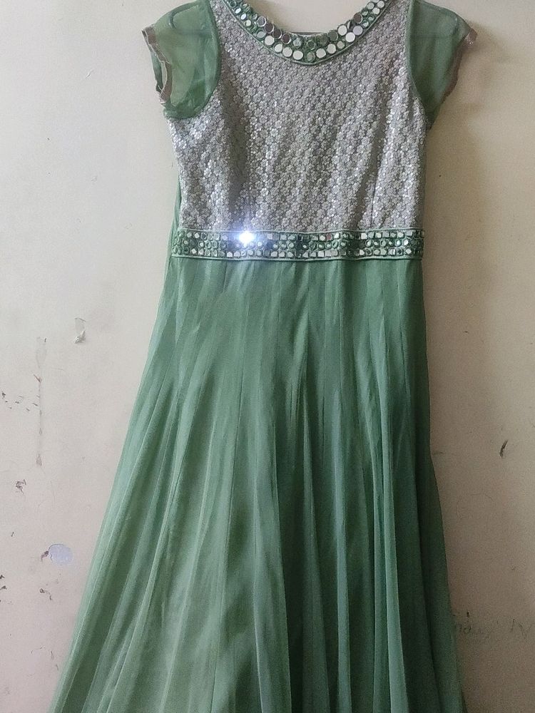 One Piece Dress In Pista Green Color With Real Mirror Work On Yolk