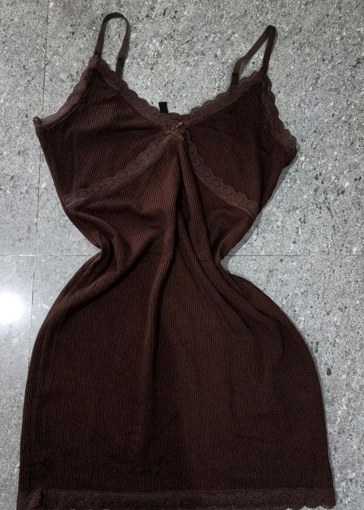 Hnm Brown Ribbed Lace Trimmed Dress