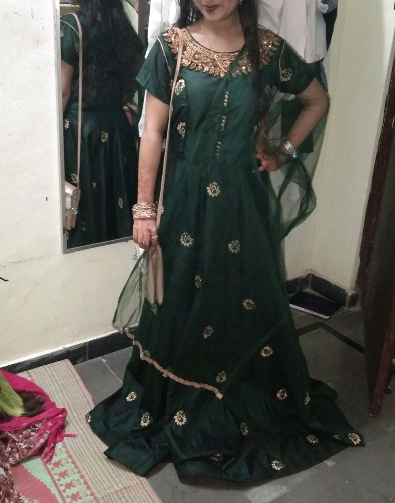 Green Black Combination Gown With Dupatta