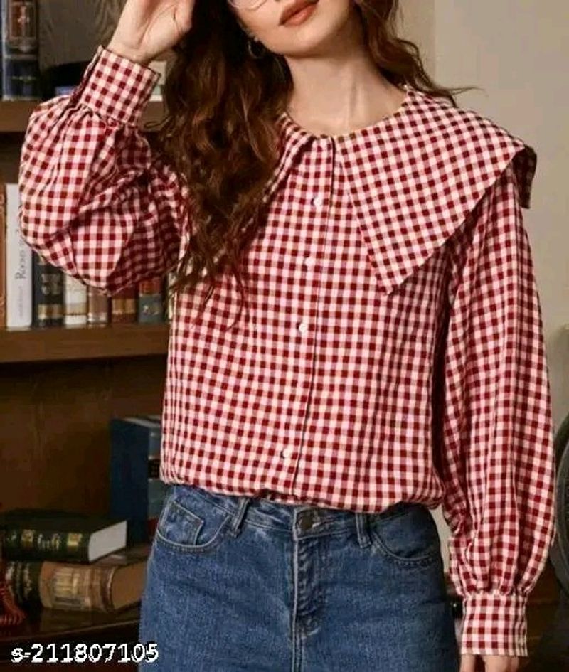 Retro check long sleeves women shirt, Crop_Shirt