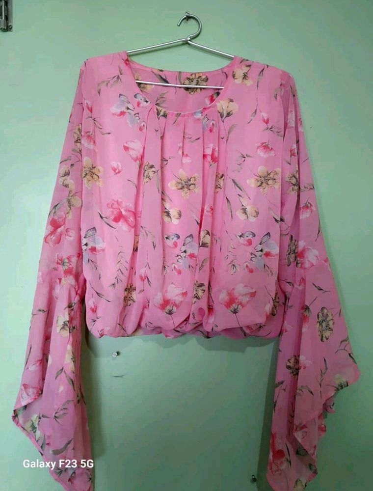 Pink Floral Top, Frill And Long Sleeve