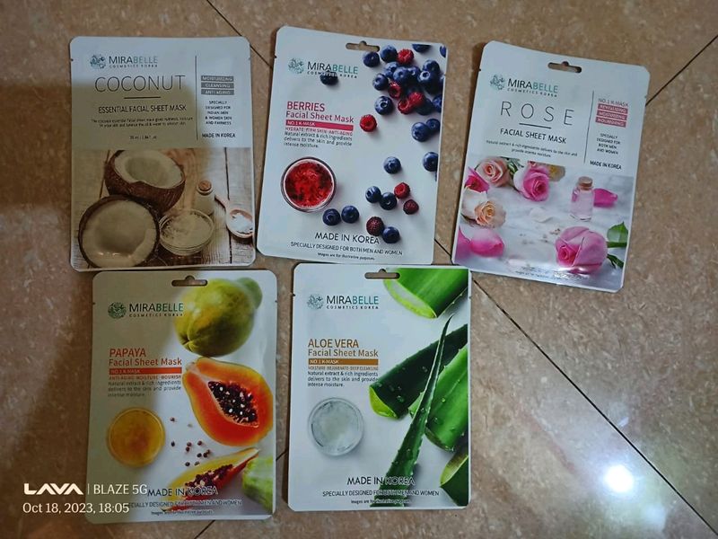 MIRABELLE FACIAL SHEET MASK COMBO OF 5