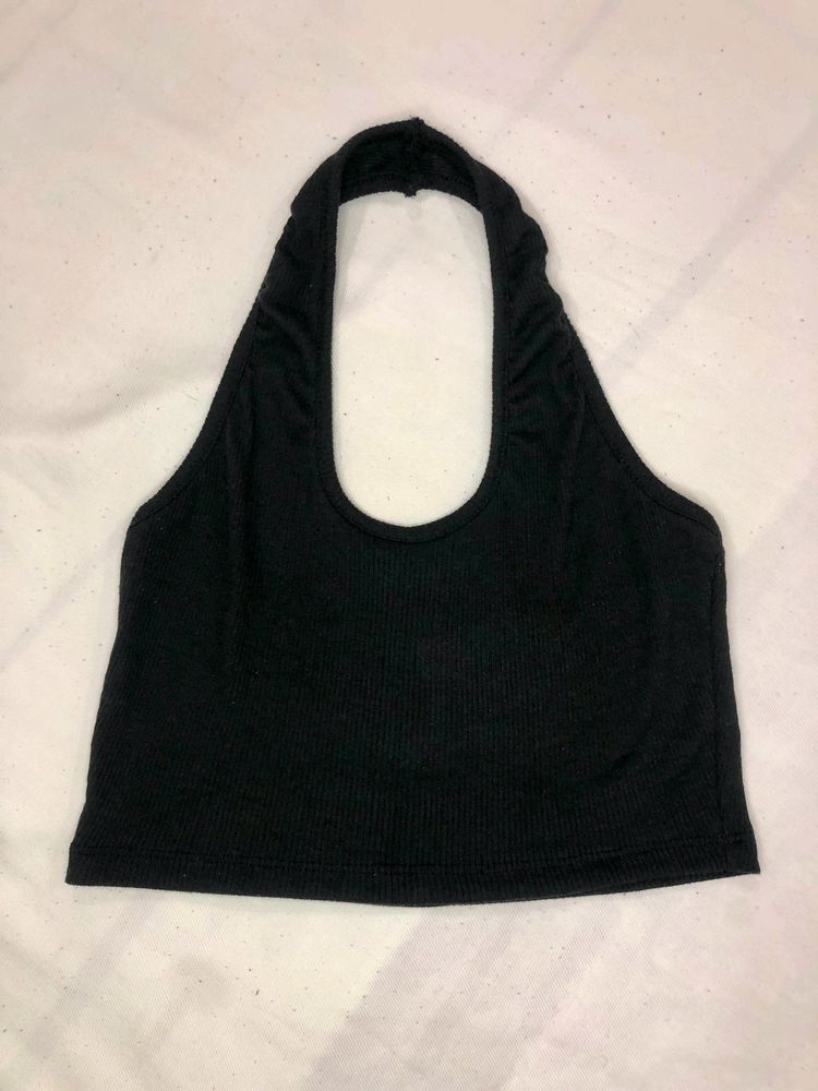 Halter Neck Ribbed Black Top