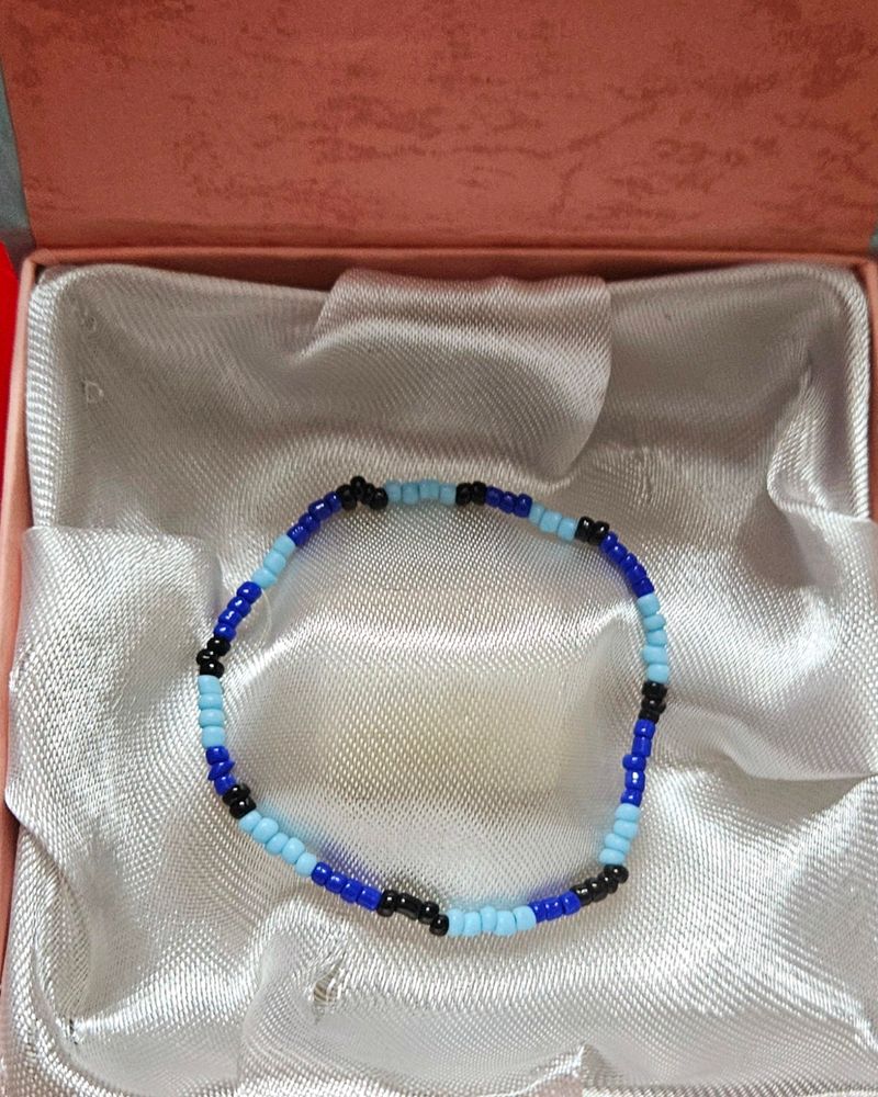 Glass Beads Bracelet Blue And Black Stretchable 💙