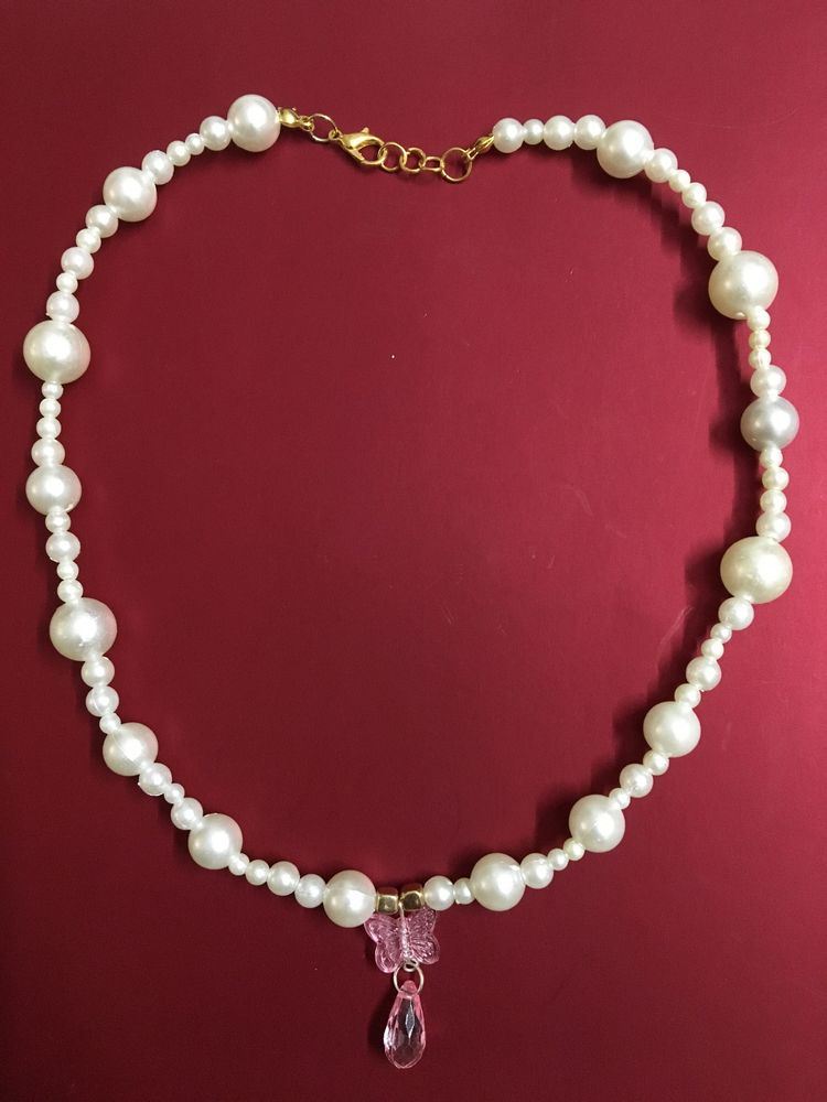 Pearl Bead W Butterfly&Teardrop Pendant Necklace