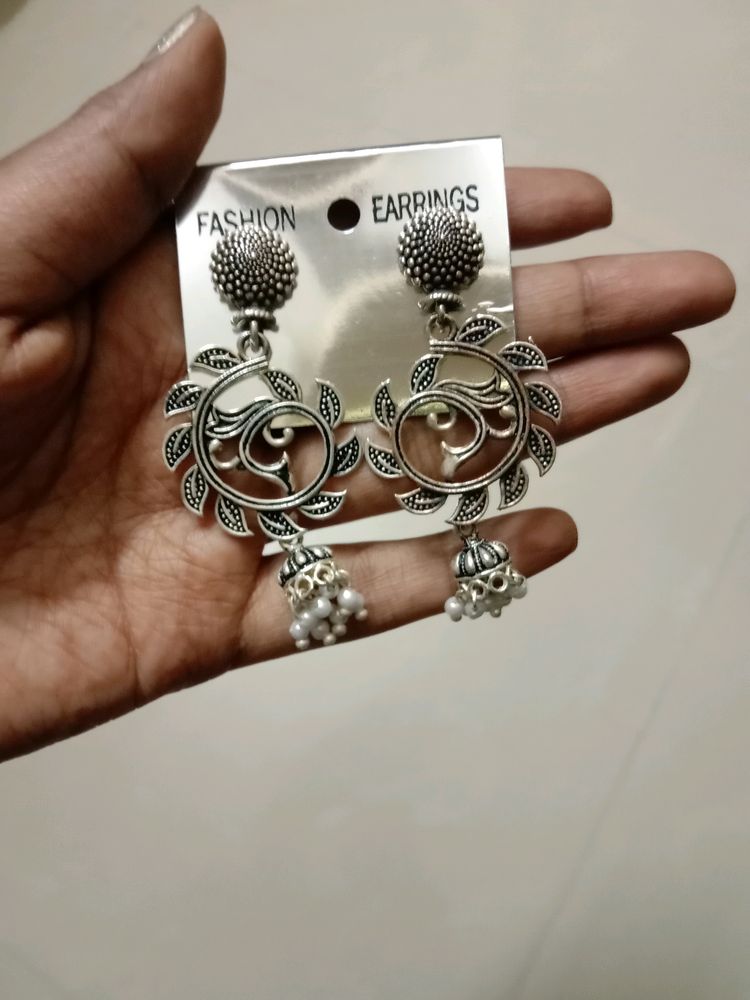 Oxidised Silver Drop Earrings For Women