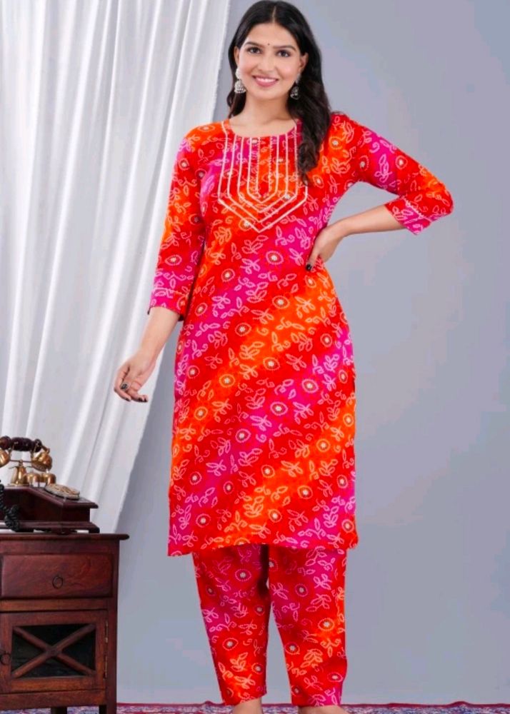 Bandhani Cotton Kurta Pant Set