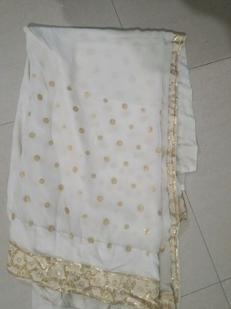 White Saree With Golden Tikliwork