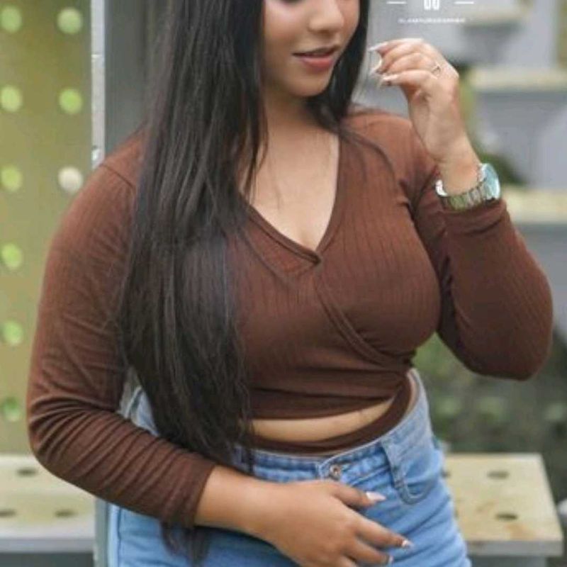 Brown Ribbed Crop Top