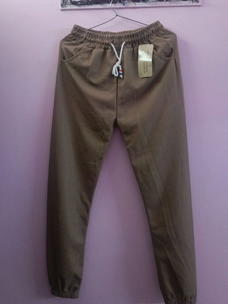 Khaki Textured Joggers with Drawstring Waist