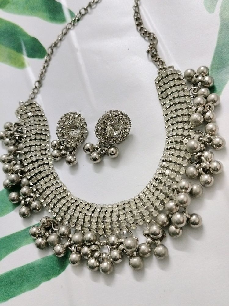 Jwellery Set Necklace Earrings Silver Oxidised