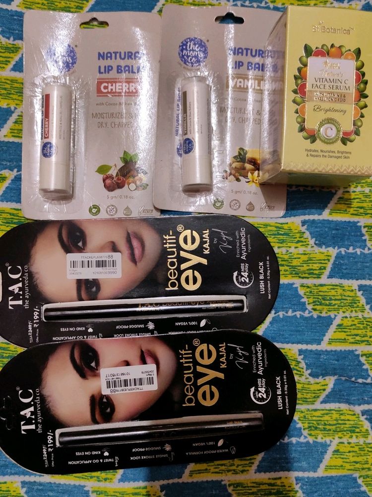 St. Botanica Serum, The Mom's Co Lip Balm And Tac Kajal.