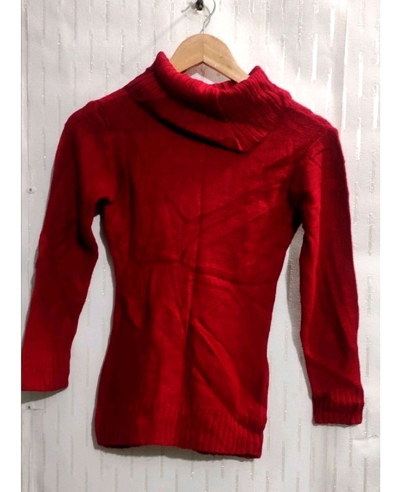 High Neck Red Sweater For Girl's