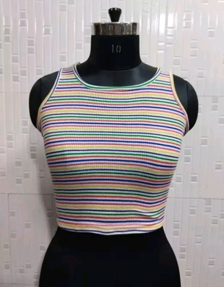 New Round Neck Striped Cut Sleeve Top