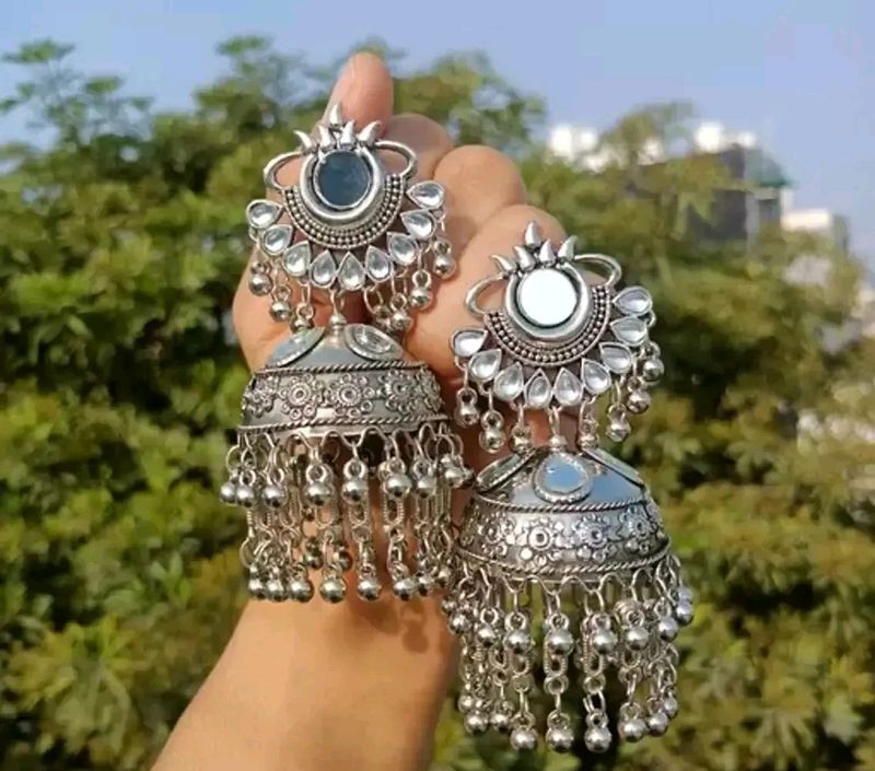 Silver Alloy No Stone Jhumkas Earrings For Women