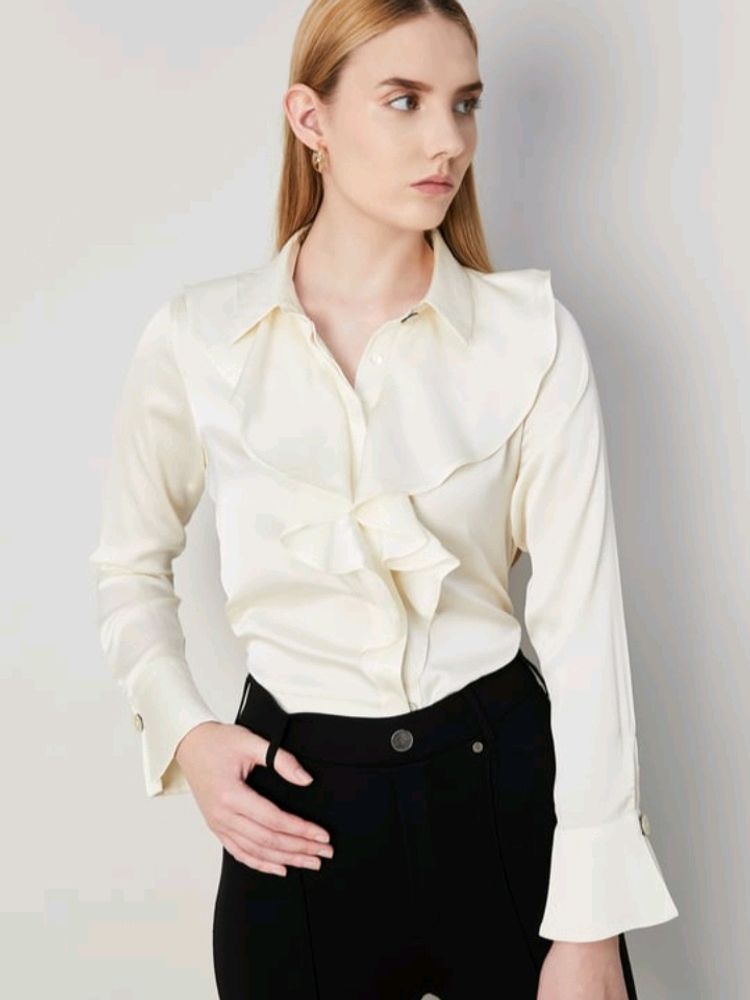 New Cream Ruffled Neck Korean Shirt