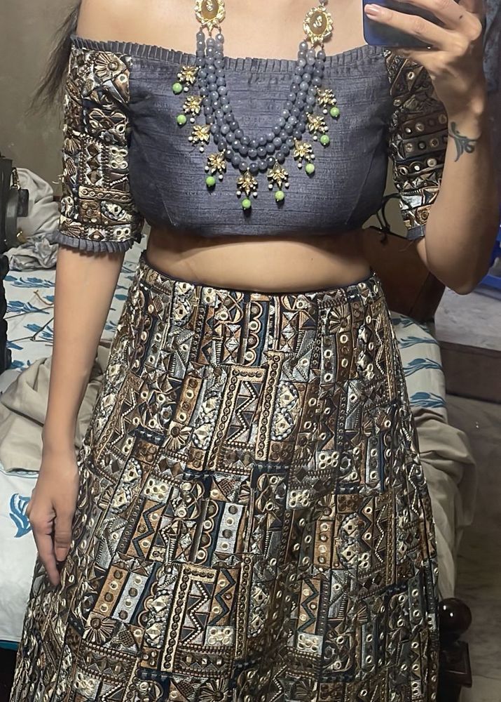 Off Shoulder Mirror Work Lehenga