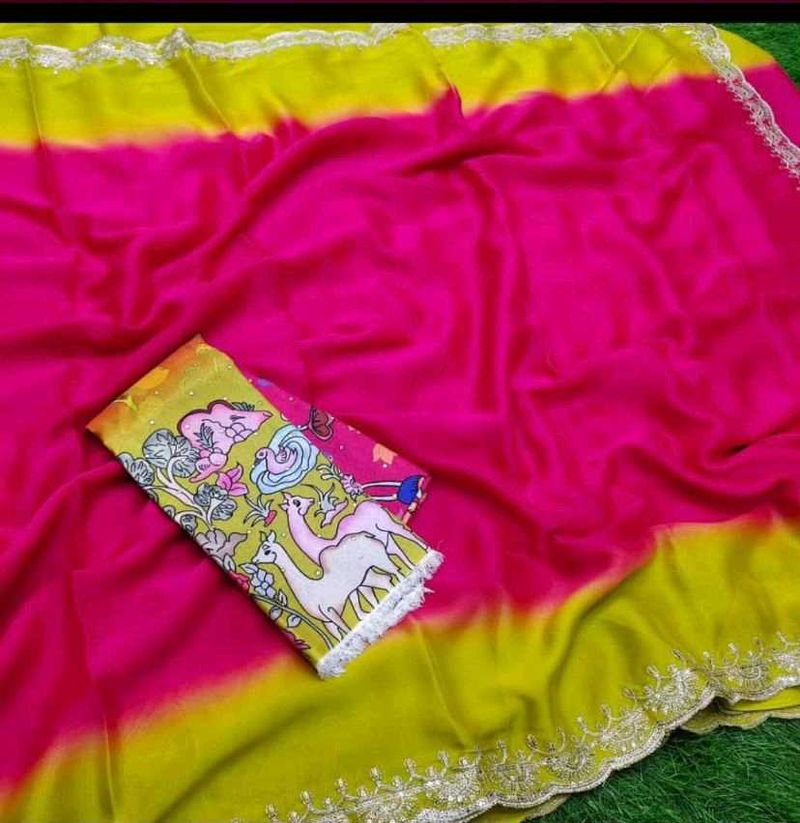 Pink With Lemon Yellow Rangoli Sarees