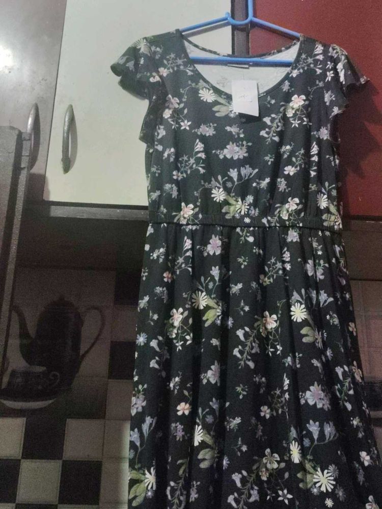 Bottle Green Floral Design Dress