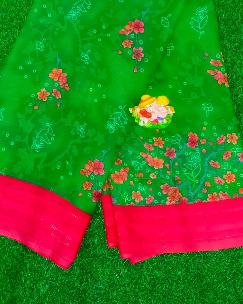 Green soft chiffon saree with contrast Blouse