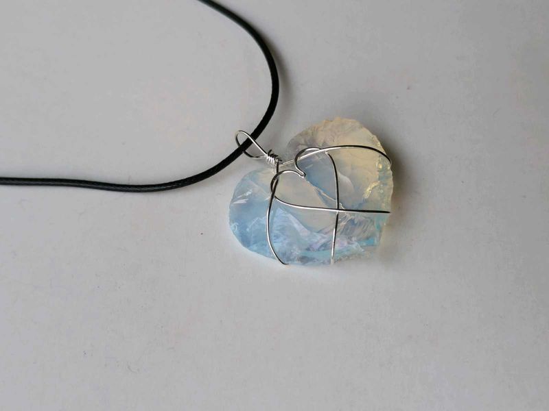 Big Heart Opalite With Black Cord Necklace