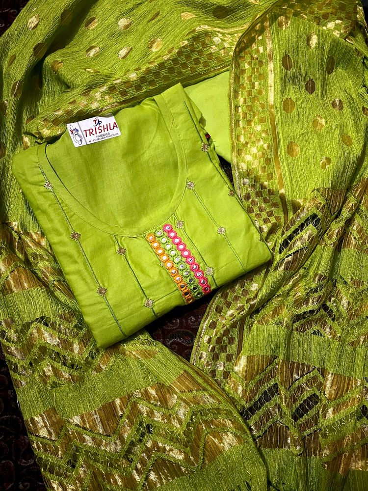 Attractive Lime Green Heavy Dupatta Dress Material