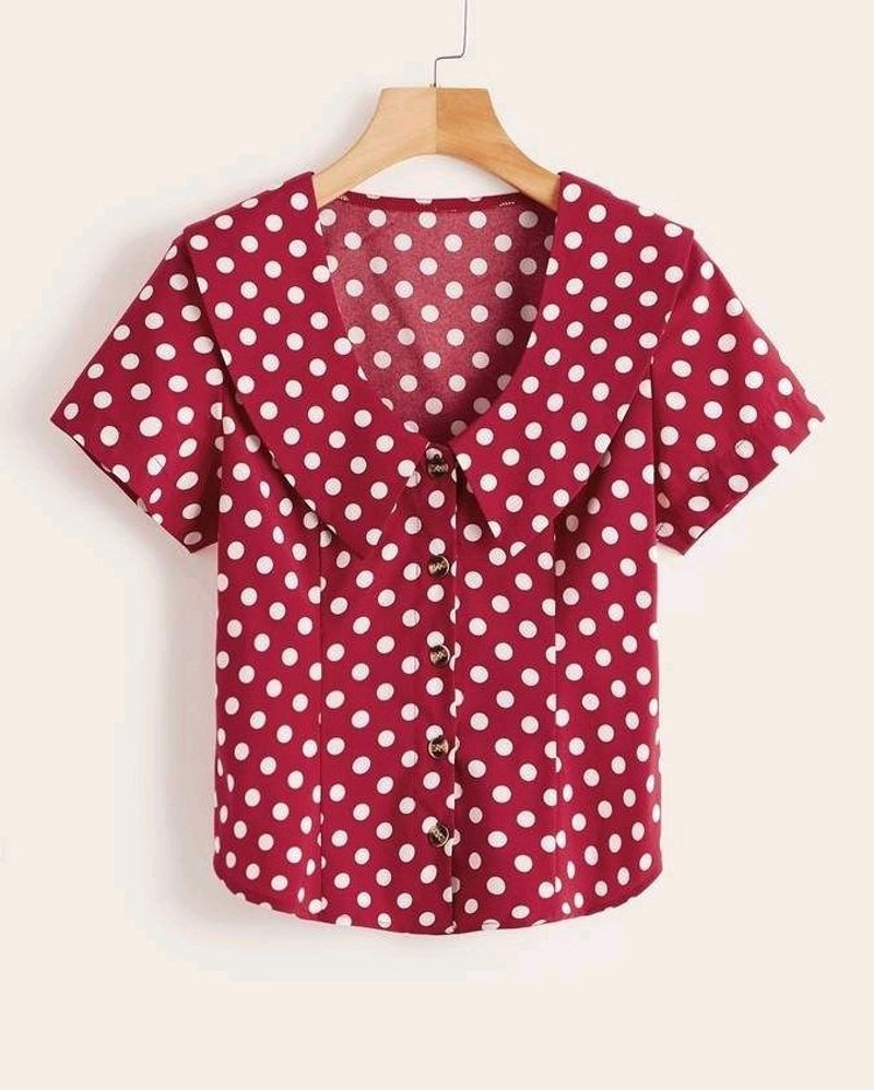 Front Button Polka Dot Frill Trim Blouse