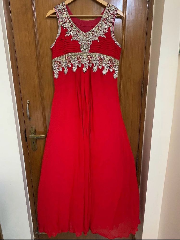 Red Long Flared Gown With Heavy Embroidery