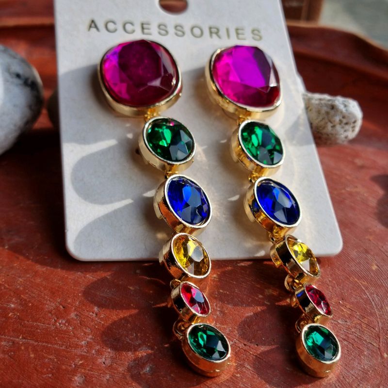 Multicoloured AD Studded Waterfall Earrings