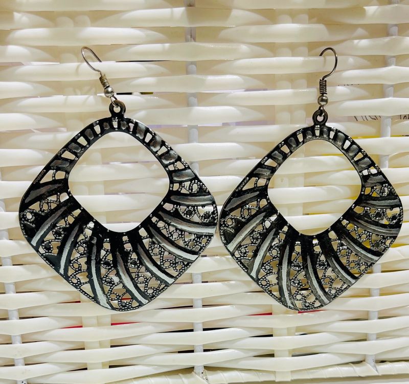 Black & Silver-Tone Colored Metal Earrings