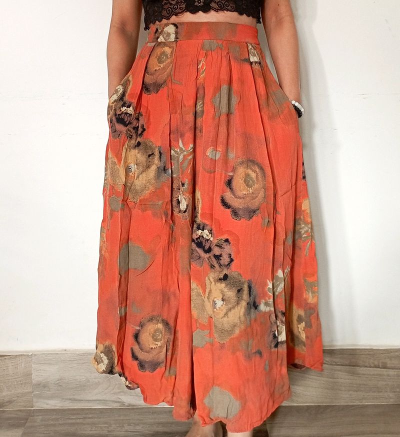 Floral Midi Skirt With Pockets.