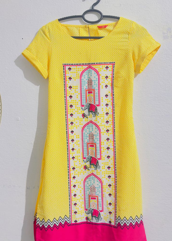 Bright Yellow Ethnic Kurti With Elephant Motif