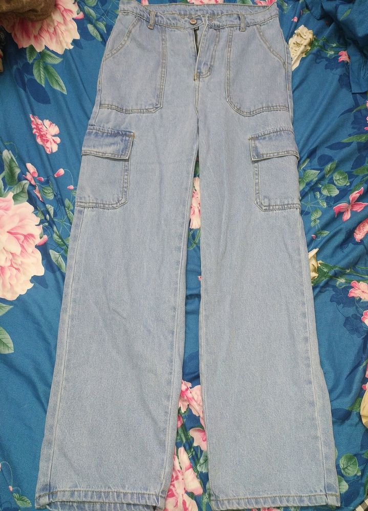 Washed Blue Cargo Jeans