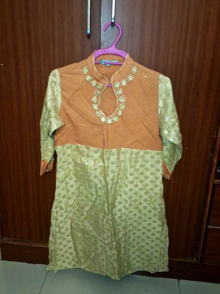 Trishaa Orange And Golden Kurta Pant Set