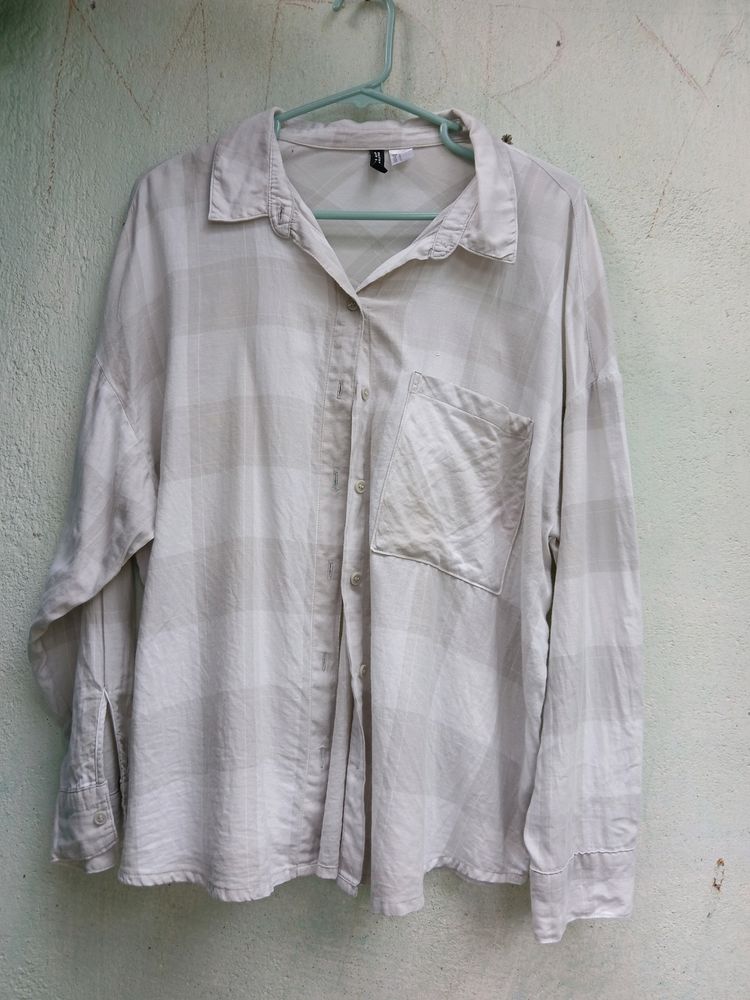 H&M Women White &Taupe Pure Cotton Flannel Shirt