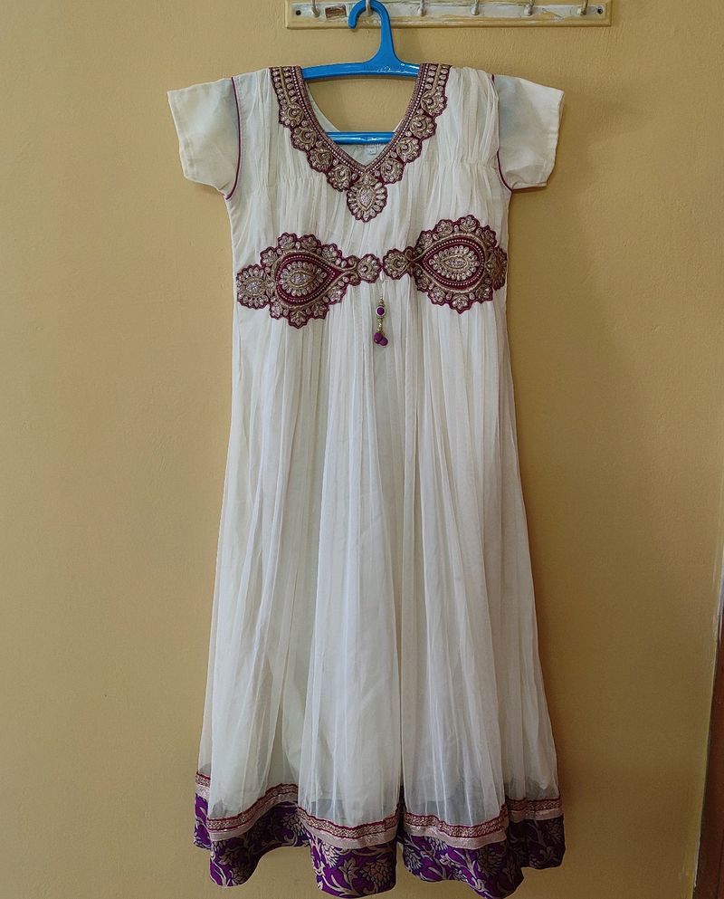 Cream Pink Net Ethnic Gown