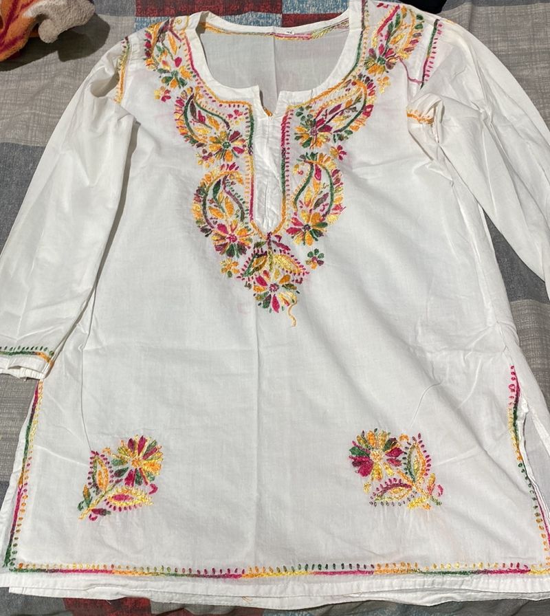 White Multi Colour Short Kurti