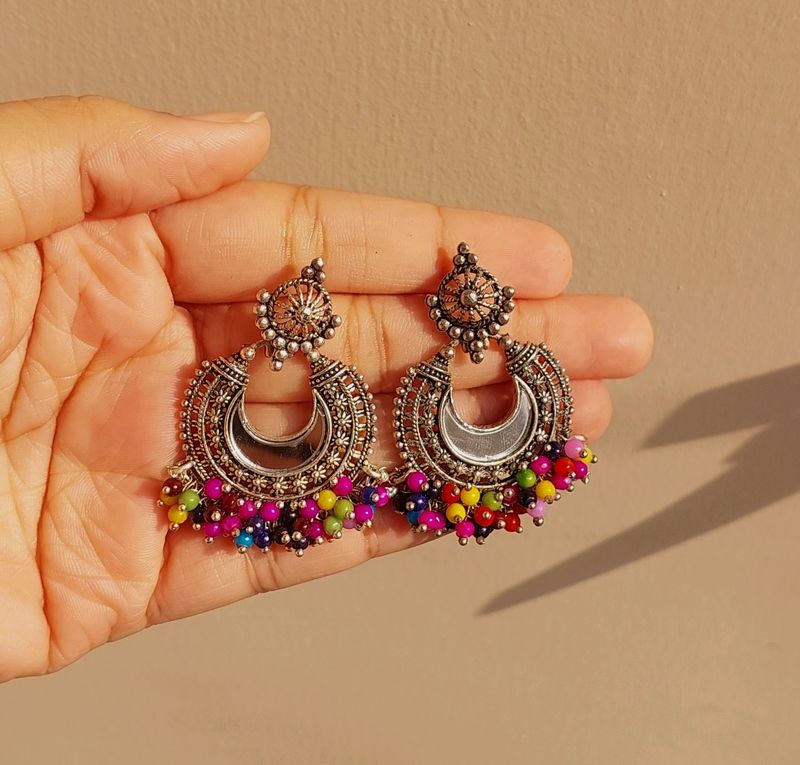 Silver Oxidised Chandbali Earrings