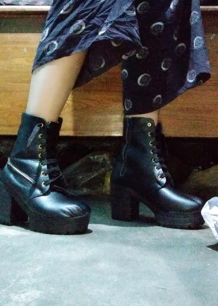 Black  Lace Up Leather Boots