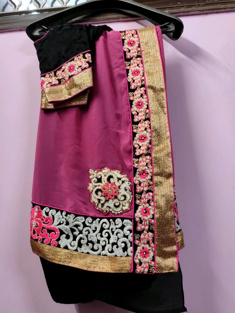 Pink And Black Saree With 36 Inch Blouse - Reducib