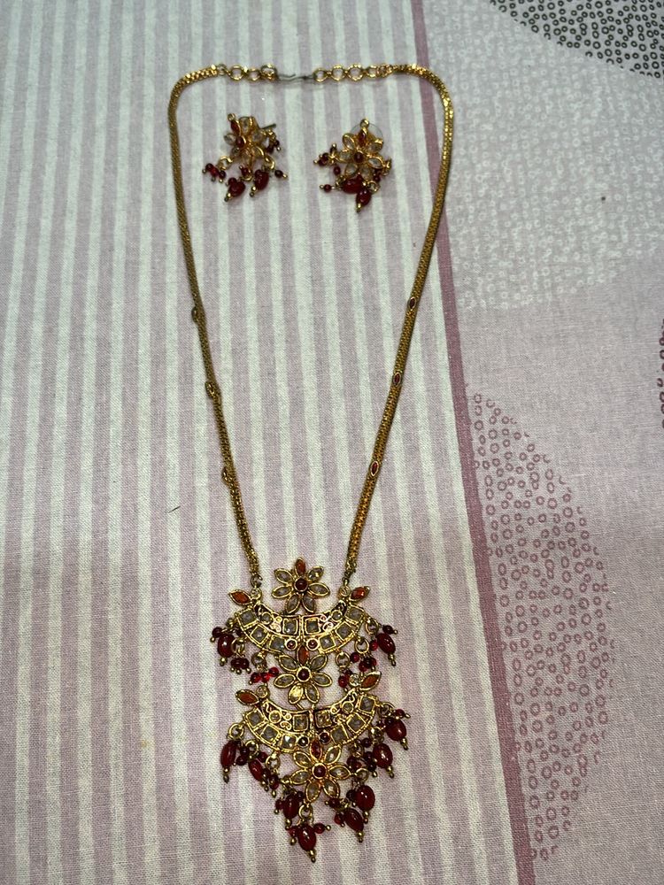 AD Double Pendant Necklace In Gold Nd Red Colour