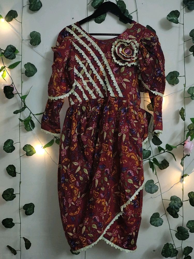 Maroon Colour Printed Wrap Dress With Multi Layer