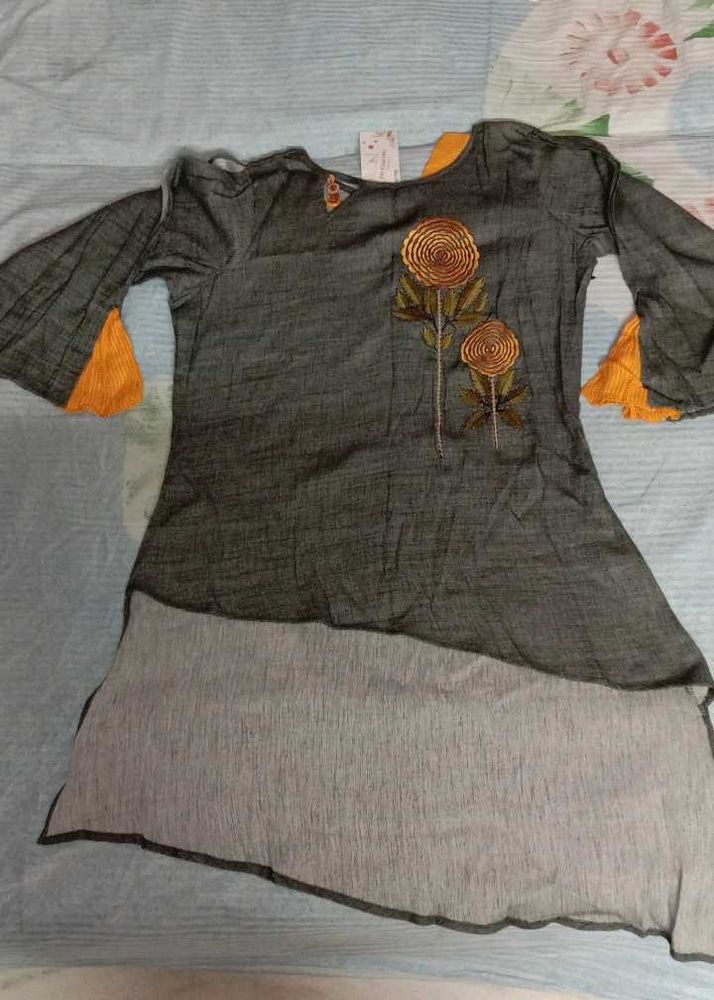 Grey And Yellow Short Kurta With Pant