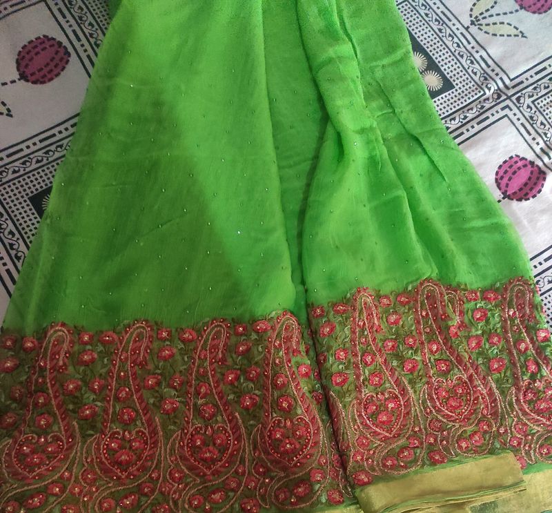 Pure Shifon Green Saree