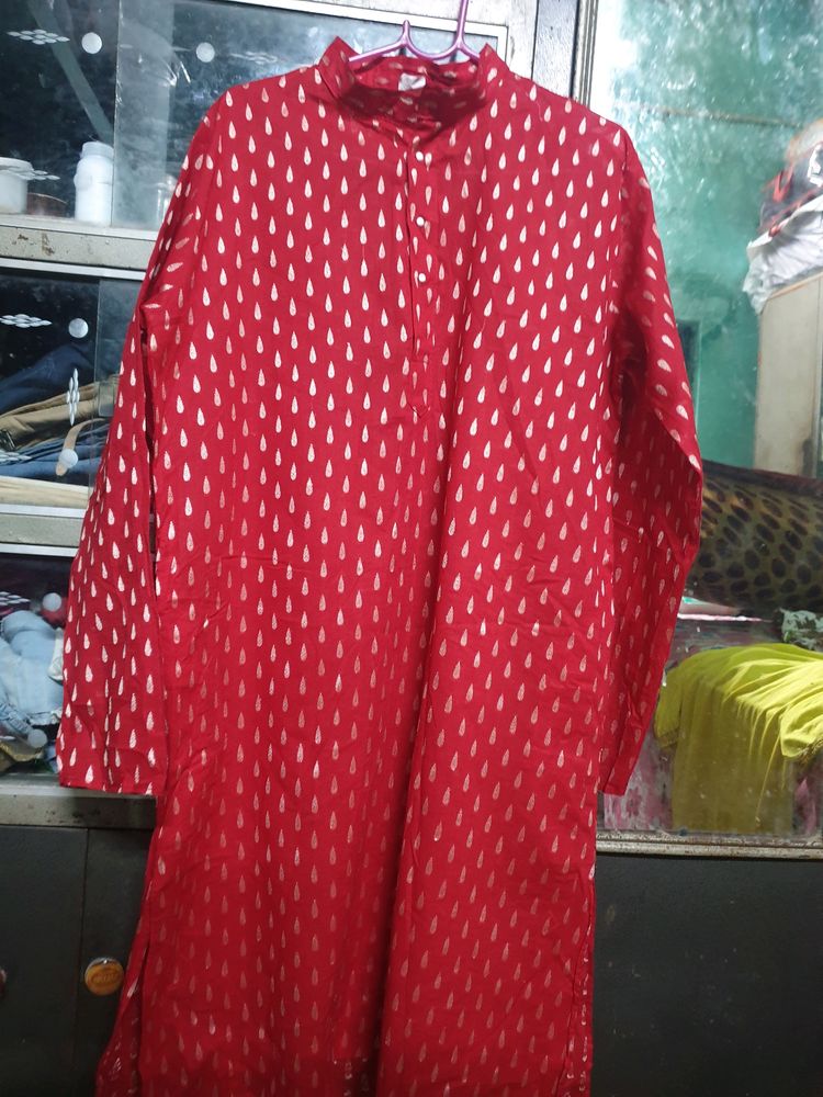 Red Cotton Kurta With Golden Drop Printed(for Men)